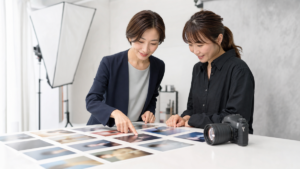 撮影後に複数のプロフィール写真を選ぶ女性とスタッフ