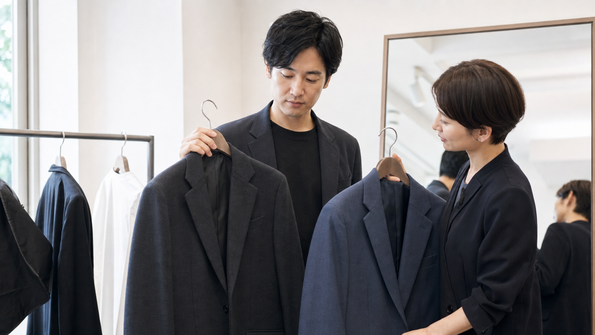 プロフィール撮影用の衣装をスタイリストと選ぶ男性