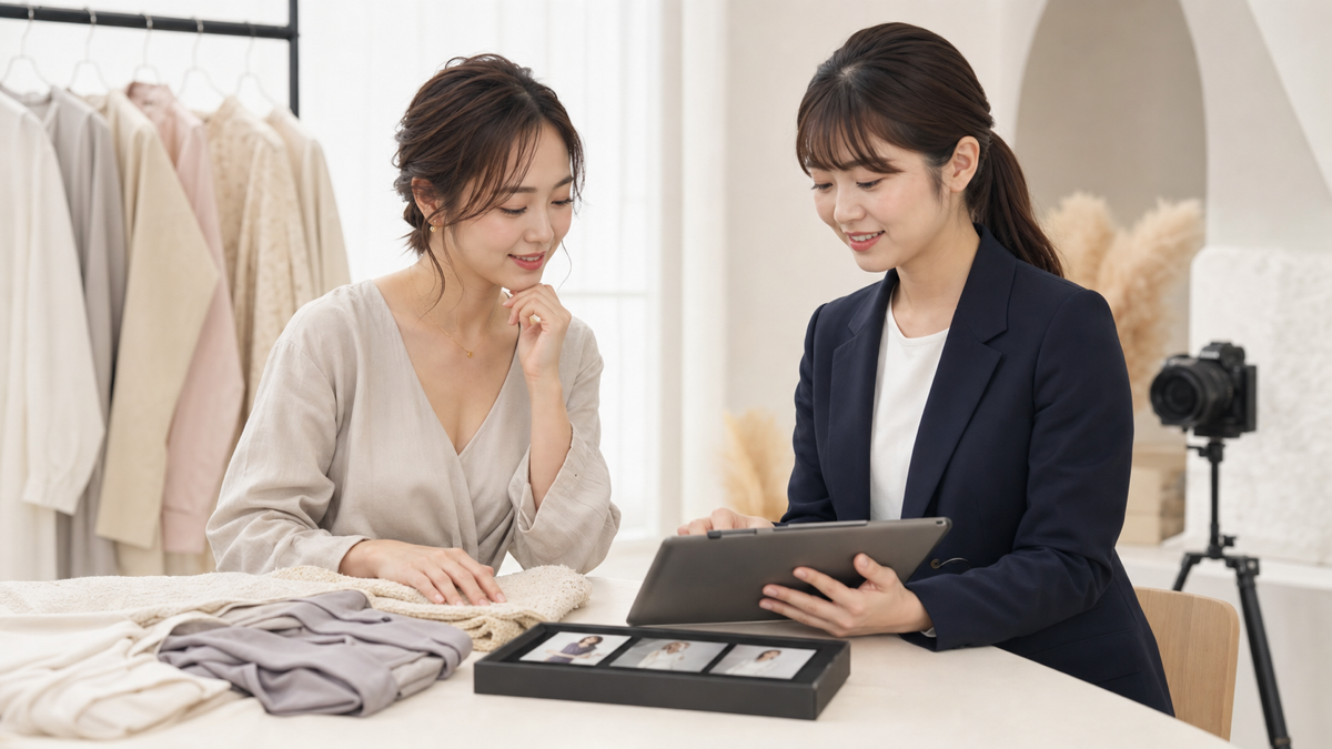写真スタジオの追加料金と撮影内容を相談する女性