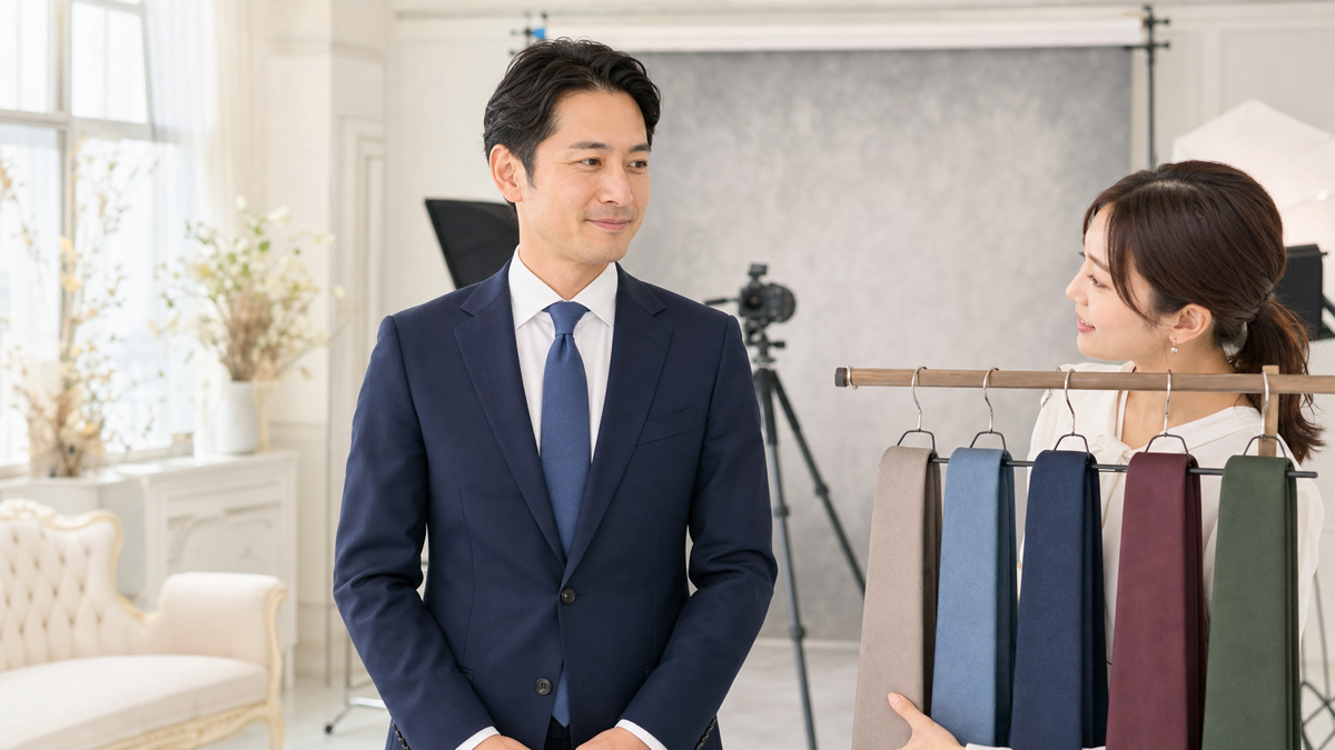 婚活写真用のネクタイを女性スタッフと選ぶ男性