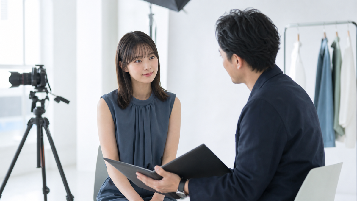 大阪の写真スタジオでオーディション撮影の料金内容を相談する女性