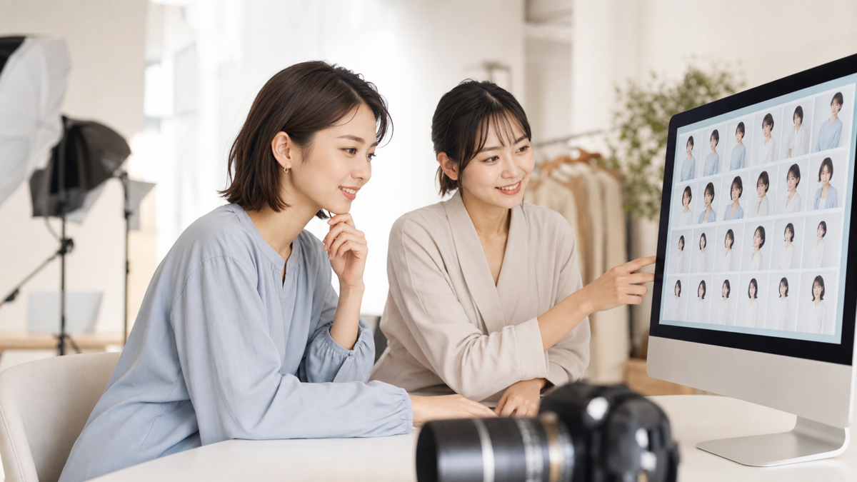 撮影データ100枚からベスト写真を選ぶ女性とスタジオスタッフ