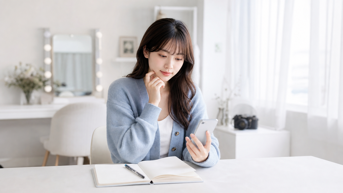 写メ日記の文章をAIで考えるためスマートフォンとノートを確認する女性