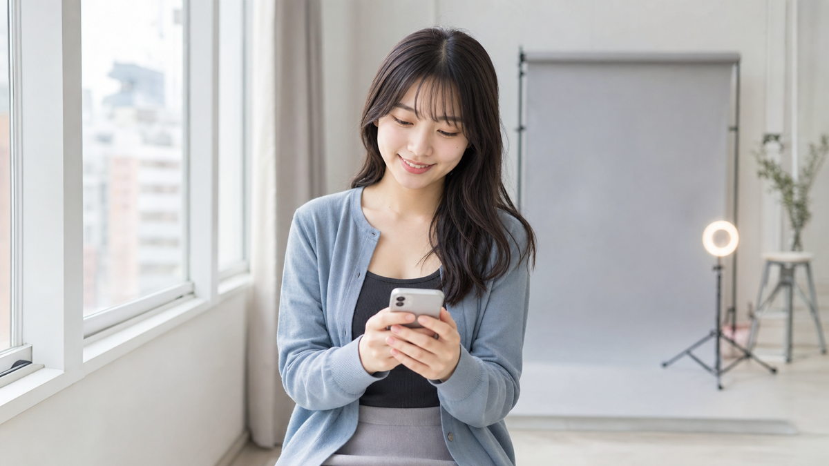 出勤前の写メ日記をスマートフォンで確認する女性と明るい撮影スタジオ