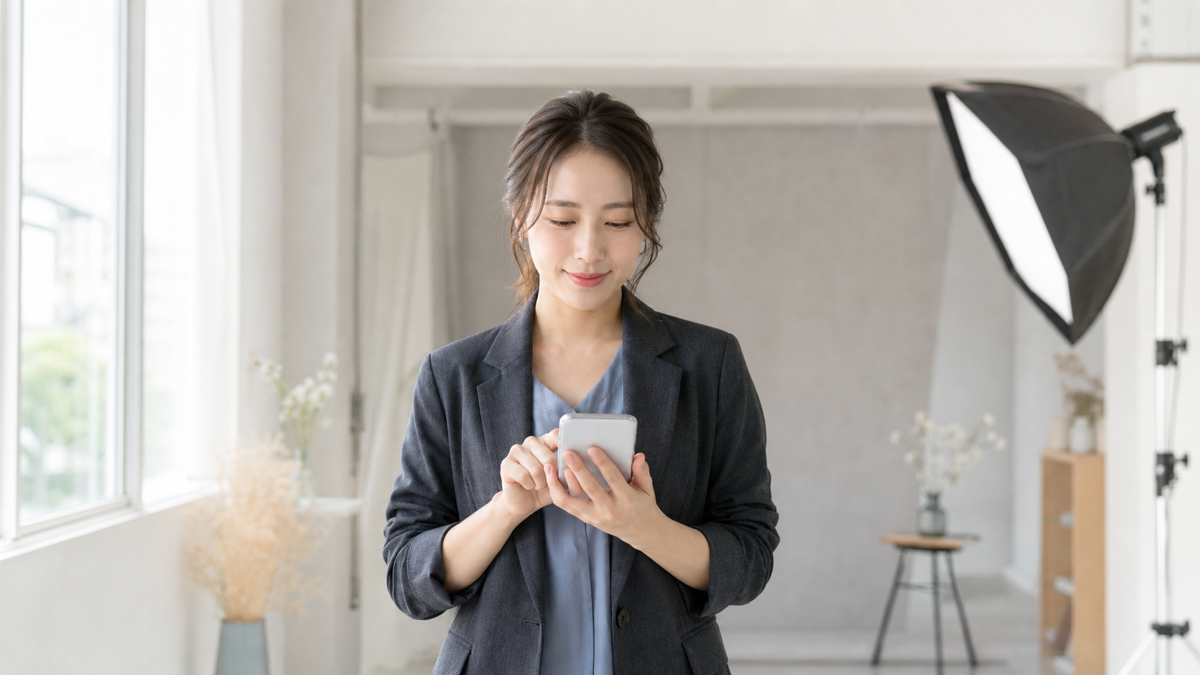 写メ日記を投稿する時間帯をスマートフォンで確認する女性と明るい撮影スタジオ