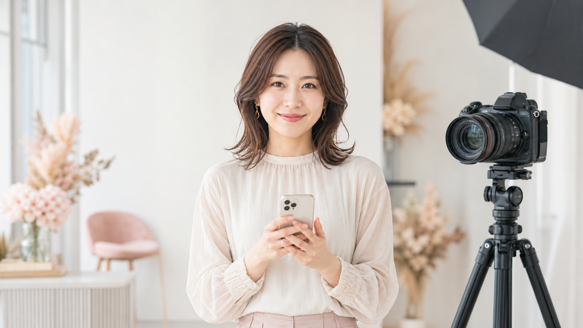 写メ日記用の自撮りとプロ撮影を比較する女性