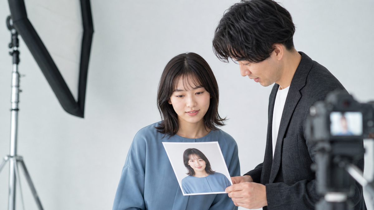 オーディション写真の撮り直しを相談する女性と撮影者