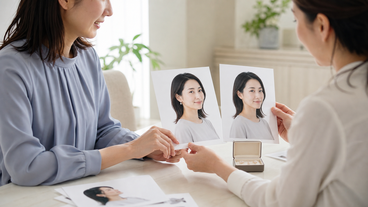 アクセサリー着用ありとなしのパネル写真を並べて選ぶ様子