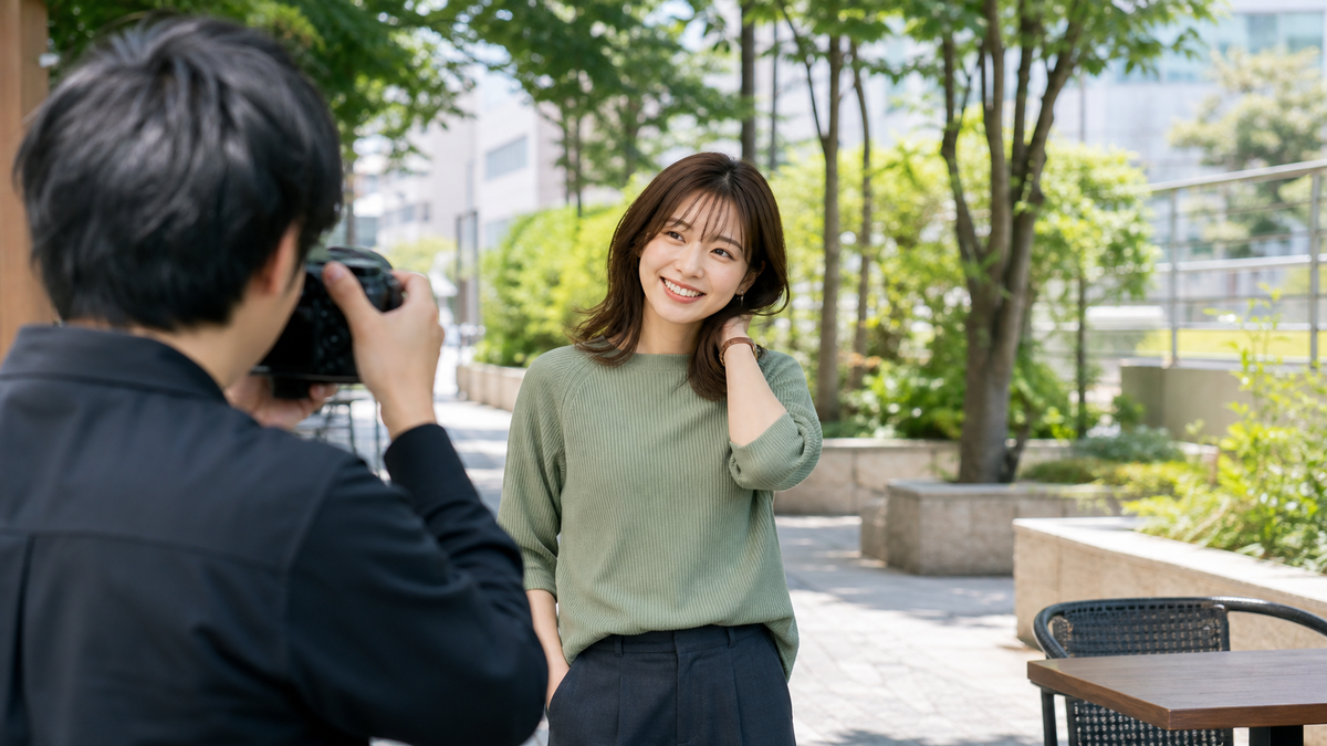婚活アプリ用に屋外で自然な笑顔の写真を撮影する女性