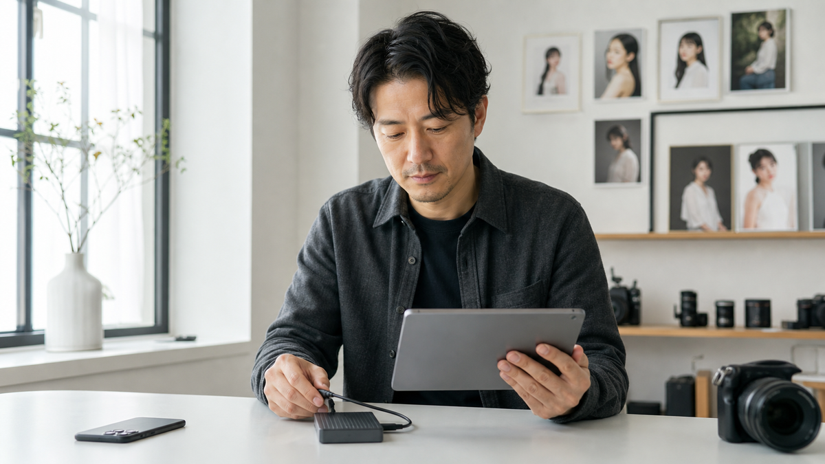 共有終了後の写真データをタブレットと保存機器で整理する成人男性