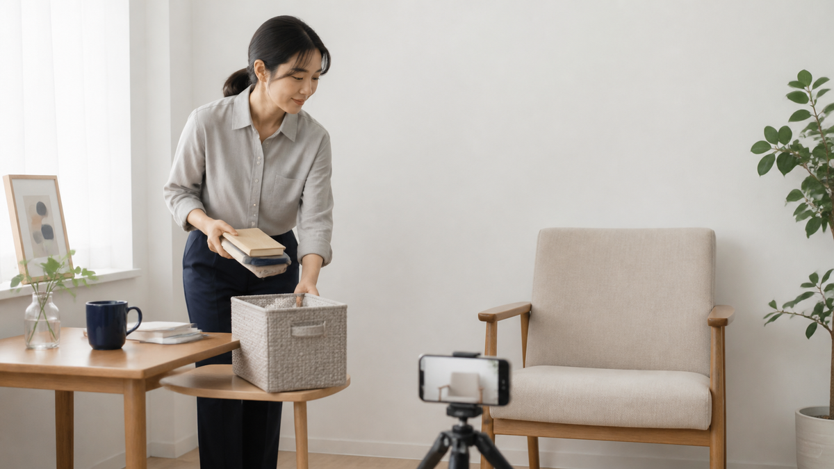 写メ日記用写真の背景から生活感のある小物を片付ける女性