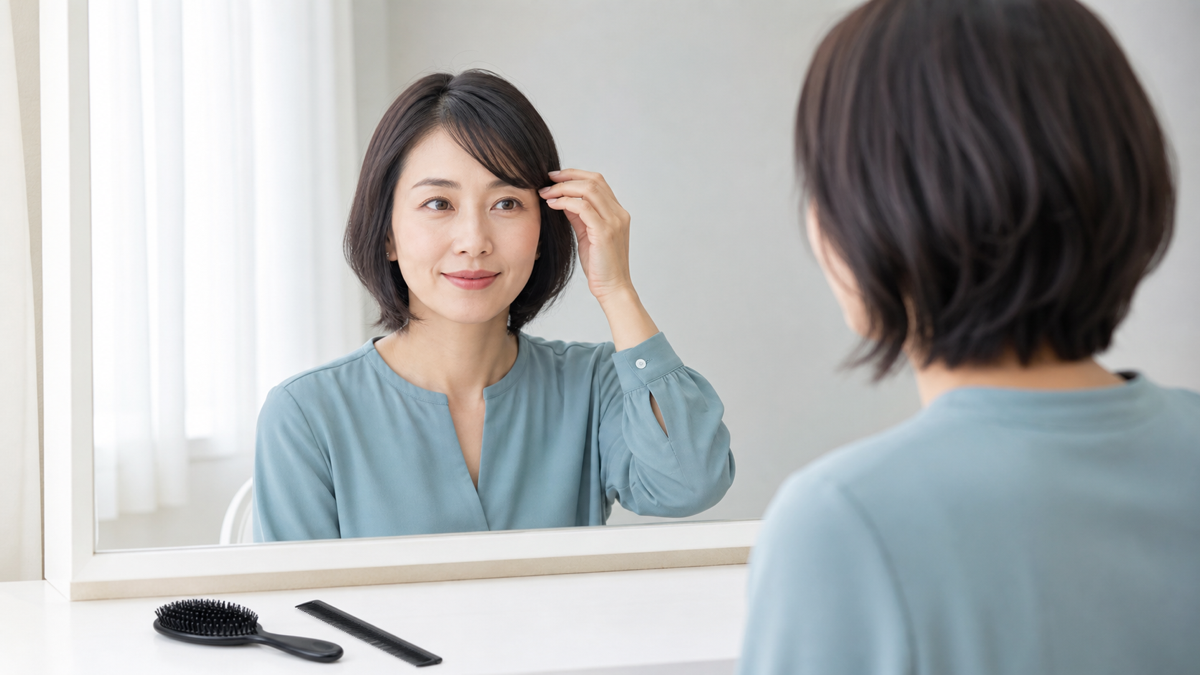 婚活写真に向く斜め前髪と目元の見え方を鏡で確認する女性