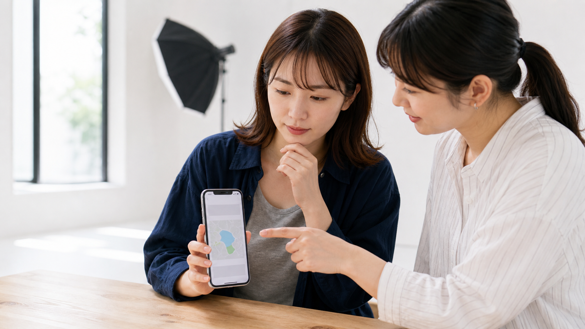 スマホ写真の撮影場所情報を確認する女性とスタッフ