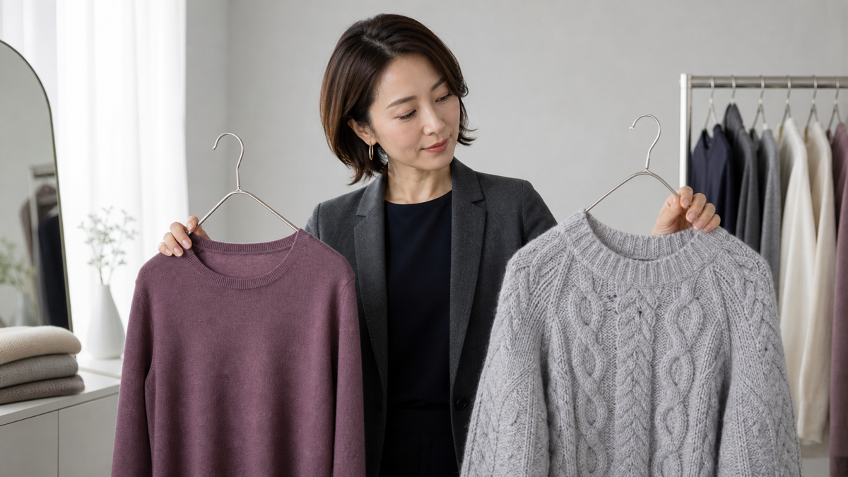 パネル写真向けに編み目と厚さの異なるニット衣装を比較する女性