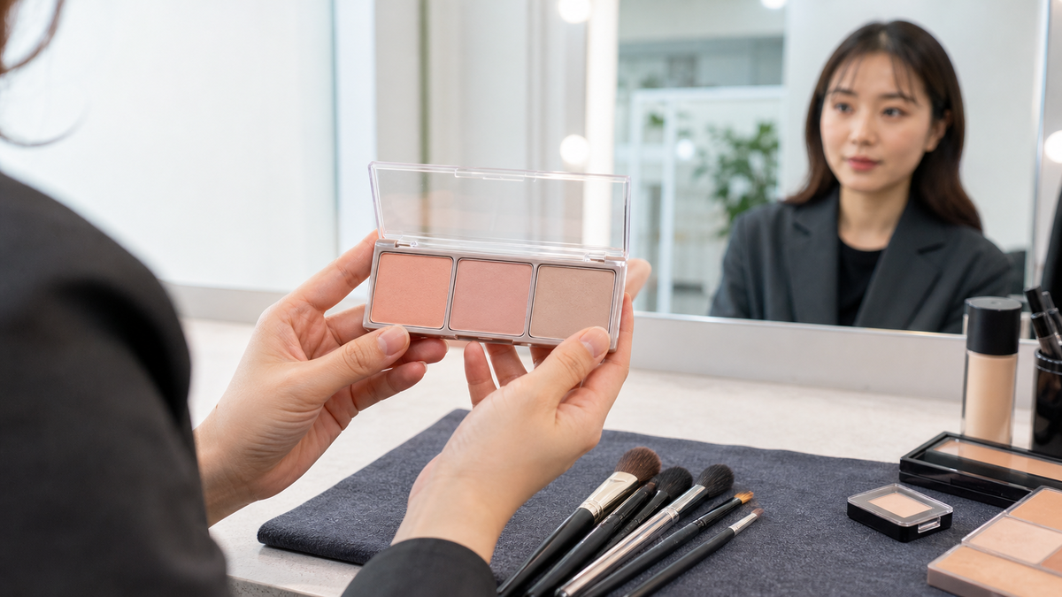 パネル撮影用の涙袋メイクで肌になじむ色と質感を比較するヘアメイク担当者