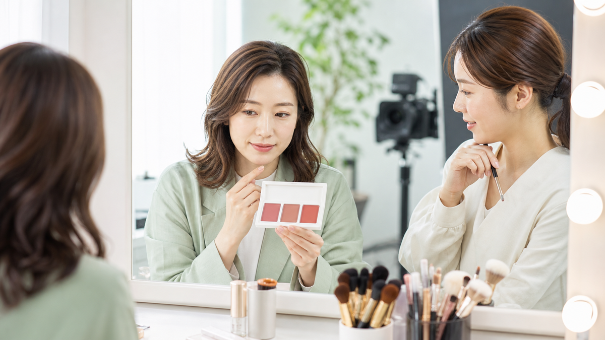 鏡の前でパネル写真用リップの3色を比較する女性とヘアメイク担当者