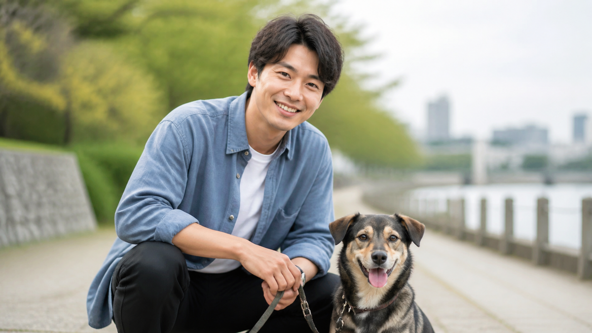 マッチングアプリ写真で本人を主役にして愛犬と並ぶ男性