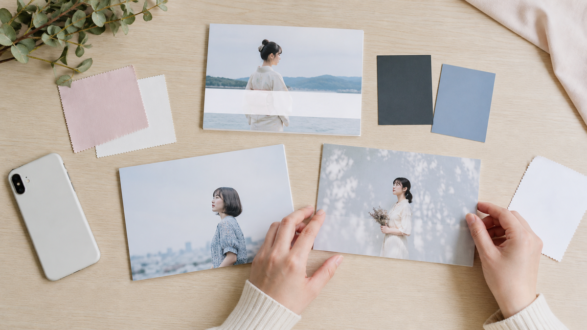 写メ日記写真に合わせる文字色と背景色を写真プリントで比較する手元