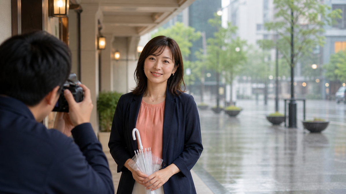 雨の日に屋根下で透明傘を使い自然なマッチングアプリ写真を撮る成人女性