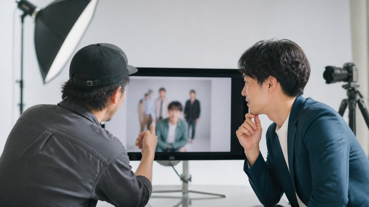 マッチングアプリ写真の切り抜き範囲をモニターで確認する男性