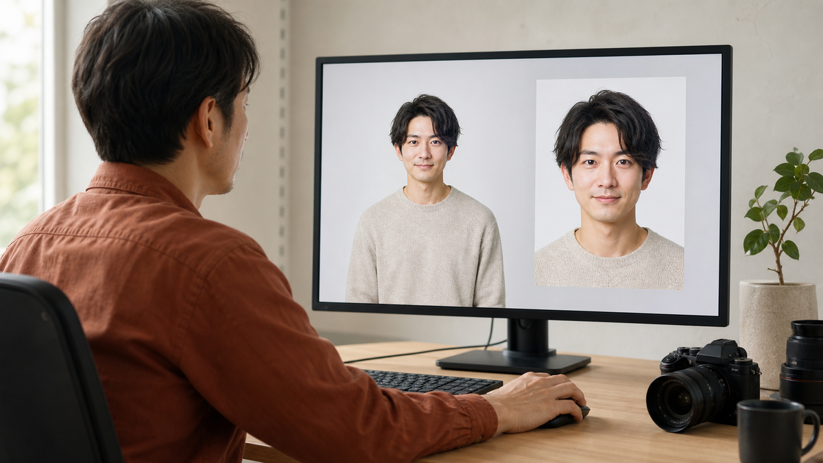 婚活写真の元データと提出用トリミングをモニターで比較する様子