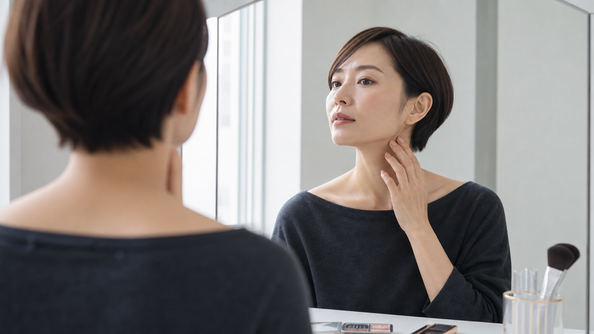 窓際の自然光で顔と耳と首の肌色を鏡で確認する女性