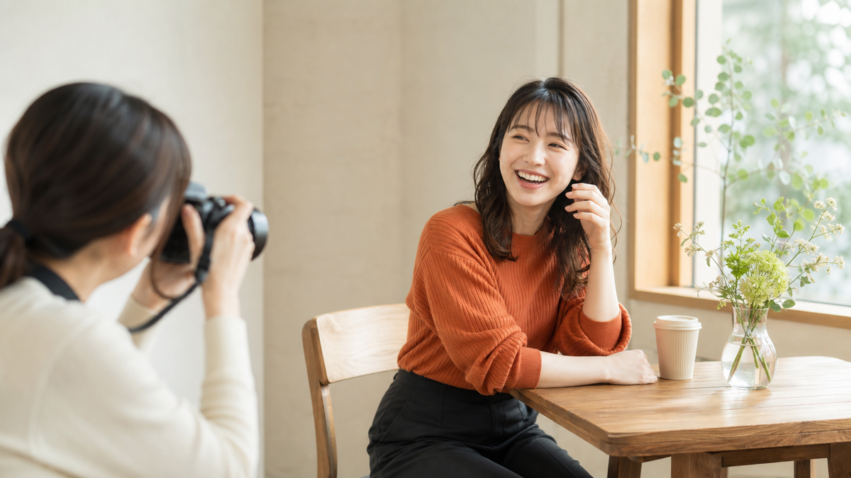 写メ日記用に自然な笑顔と日常感のある写真を撮影する女性