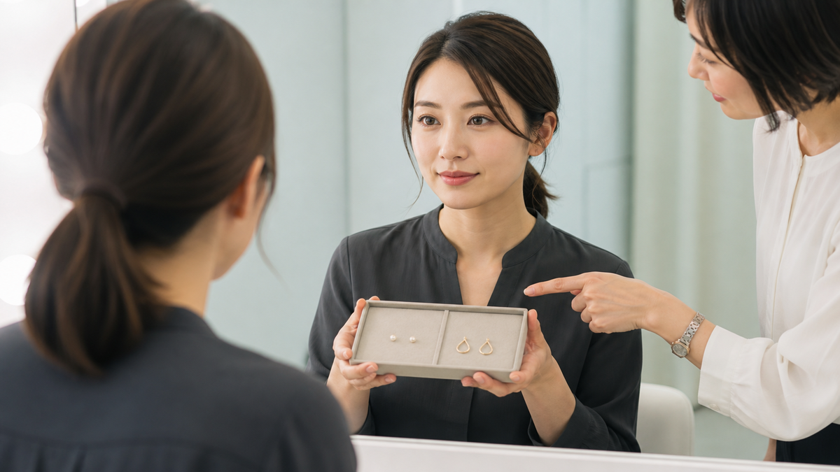 パネル写真用の小ぶりなピアス候補を鏡の前で比較する女性