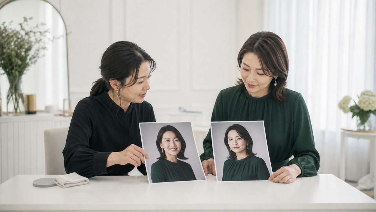 笑顔とクール表情のパネル写真を並べて掲載用に比較する成人女性とスタッフ
