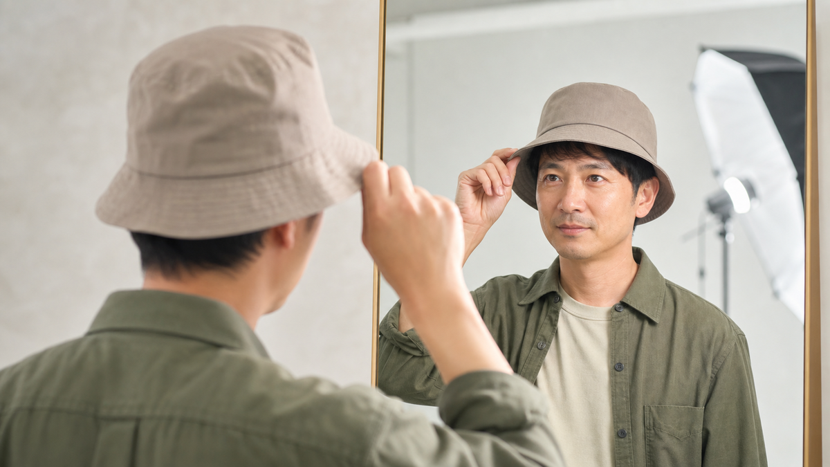 マッチングアプリ写真用に鏡で帽子の深さと目元を確認する男性