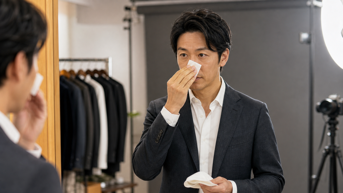 婚活写真の撮影直前に鏡を見ながら鼻のテカリを押さえる成人男性
