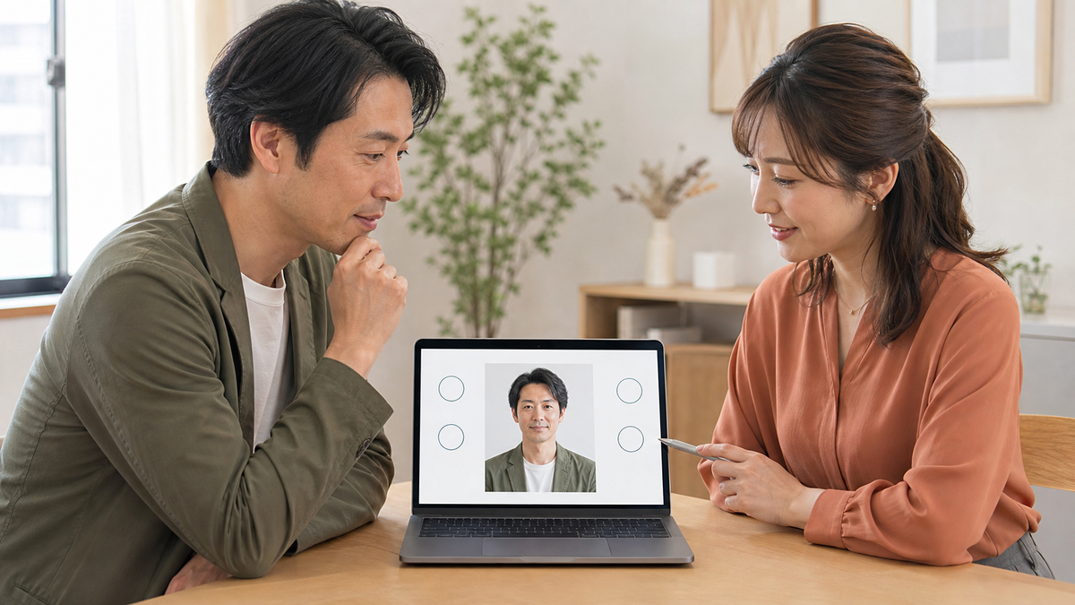 婚活写真を結婚相談所へ提出する前に登録画面を確認する男性