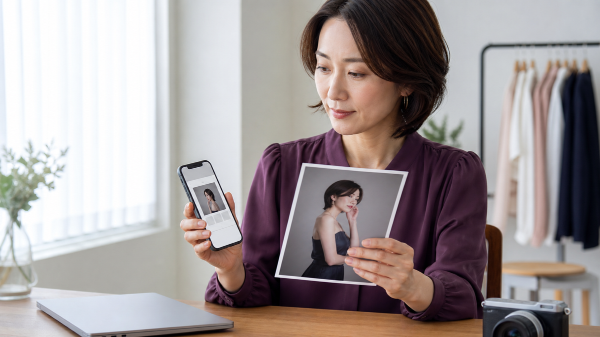 写メ日記写真を投稿前にスマホとプリントで最終確認する女性
