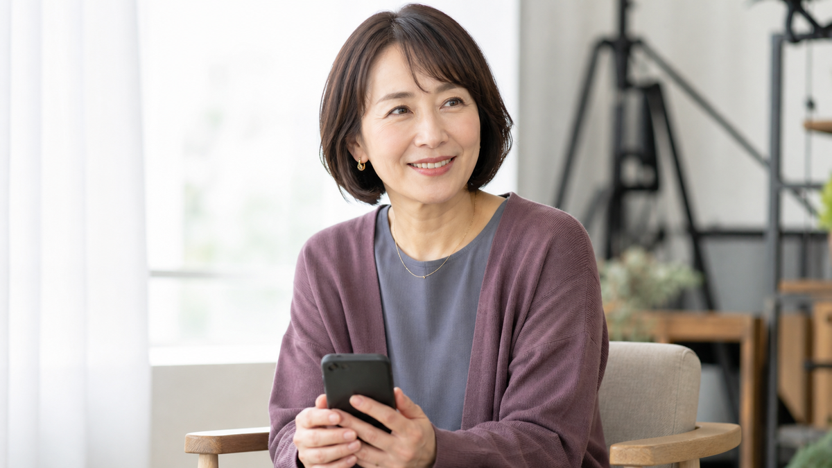 スマホを膝の近くに持ちカメラの横へ自然に目線を向ける女性