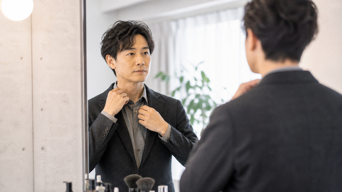 男性が婚活写真の撮影前に鏡で髪型とジャケットの襟を整える様子