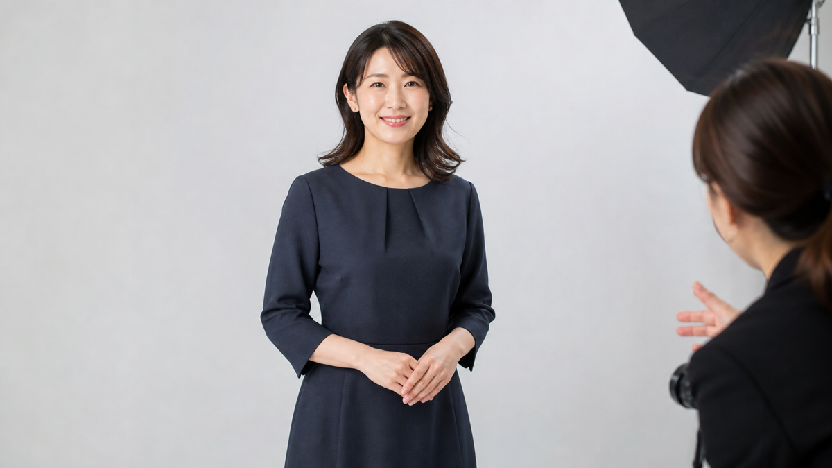 パネル写真の撮影でスタッフの案内に合わせて手元ポーズを整える成人女性