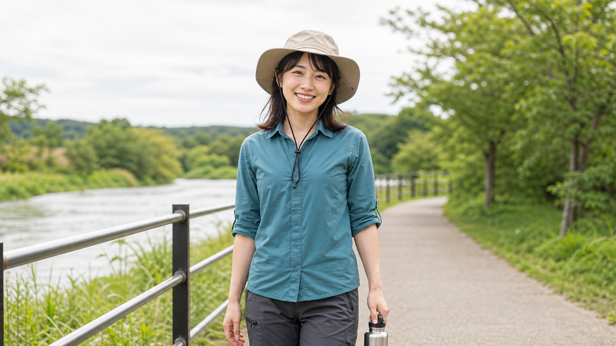 アウトドア趣味が伝わる帽子姿で川沿いに立つ女性