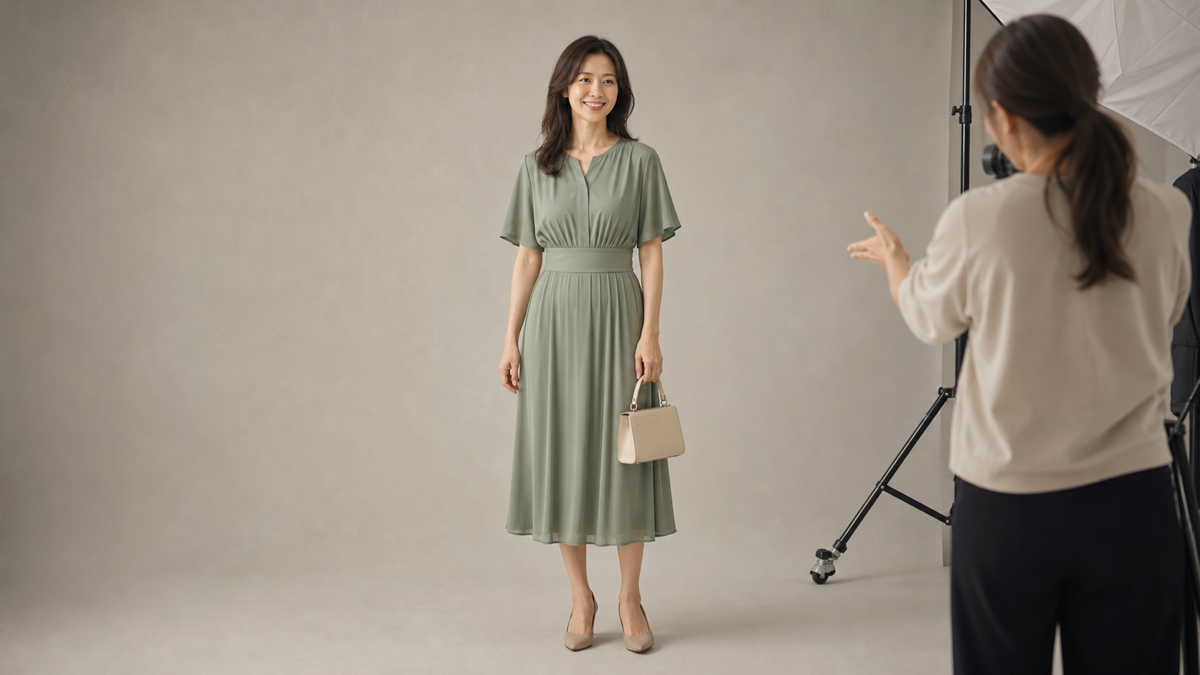 婚活写真の全身撮影で小型バッグを片手に持ちポーズ案内を受ける成人女性
