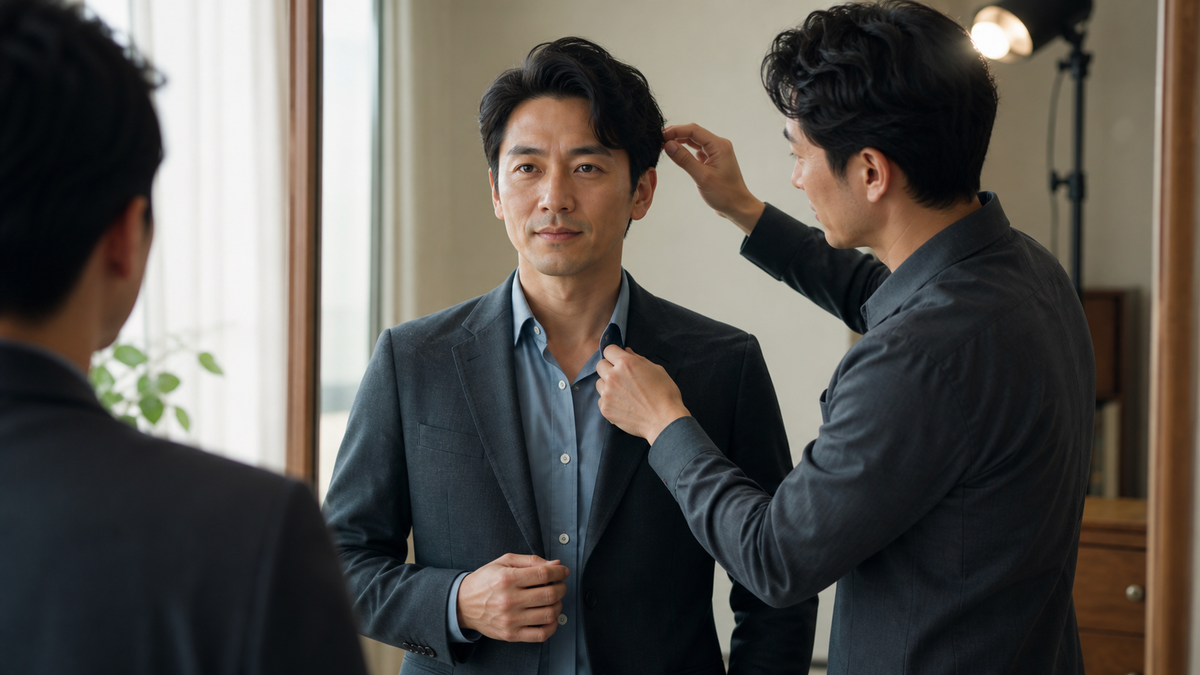 男性のマッチングアプリ写真撮影前に髪型と服装を整える様子
