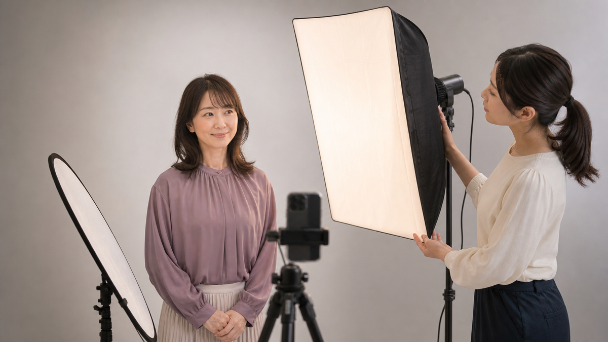 拡散した室内照明とレフ板で写メ日記用写真を撮影する様子