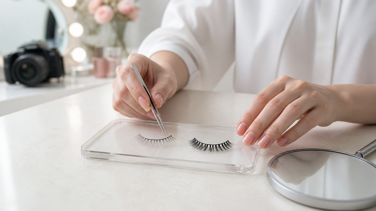 パネル撮影用に毛量の異なるつけまつげを比較するヘアメイク担当者の手元