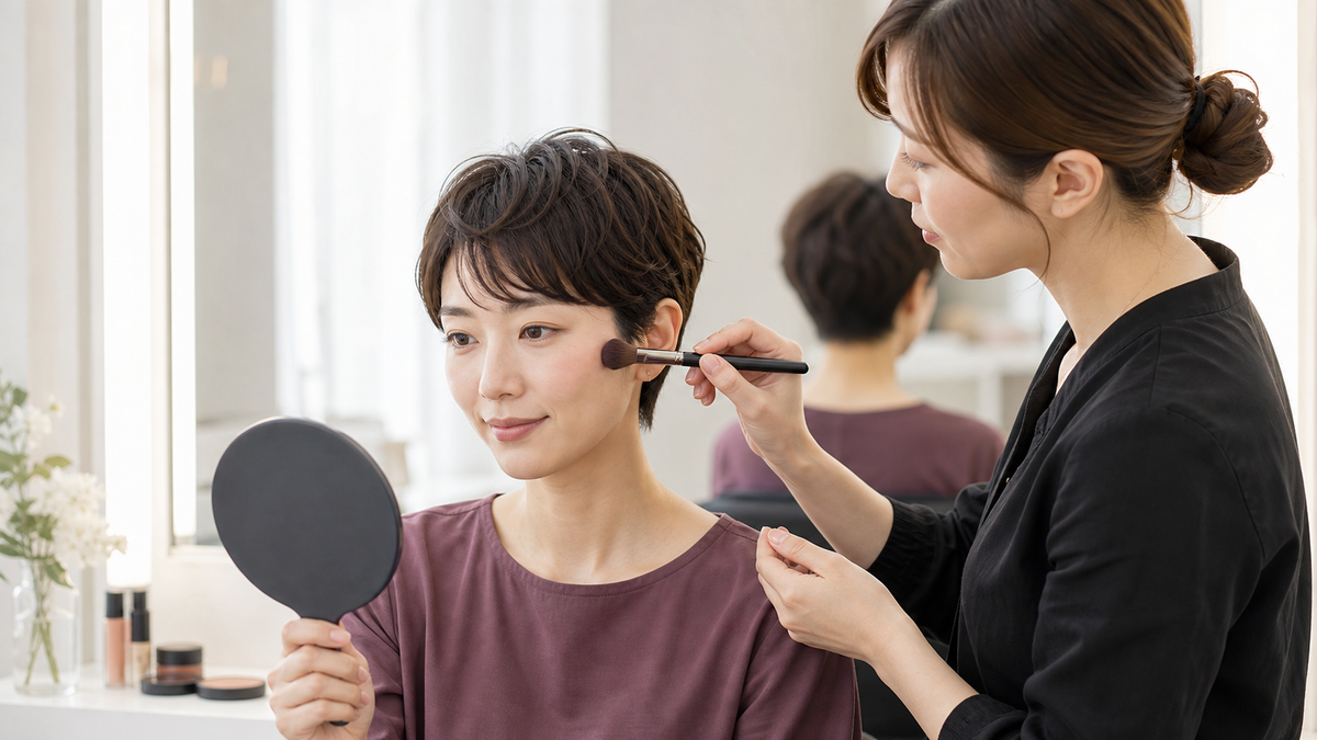 鏡を見ながらパネル写真用チークを薄く均一に重ねる女性