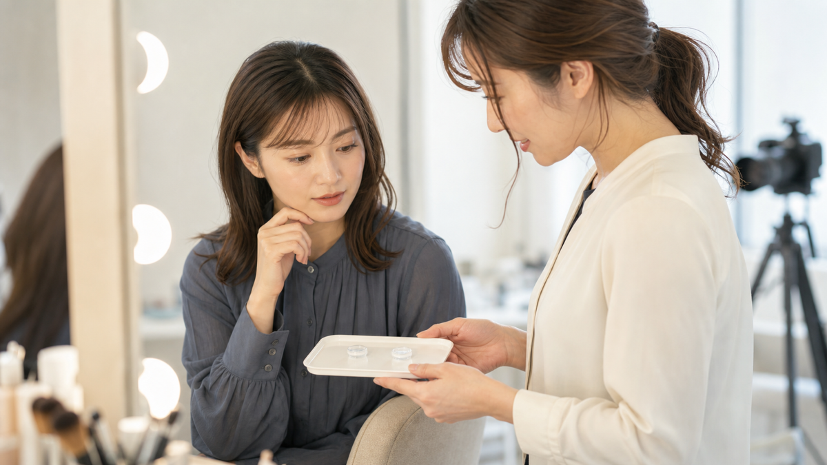 パネル撮影前にカラコンの候補を確認する女性とスタイリスト