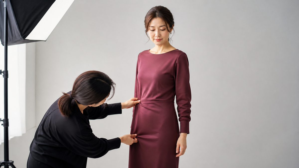 斜めの撮影照明でワンピースの腰と裾のシワを確認する女性とスタイリスト