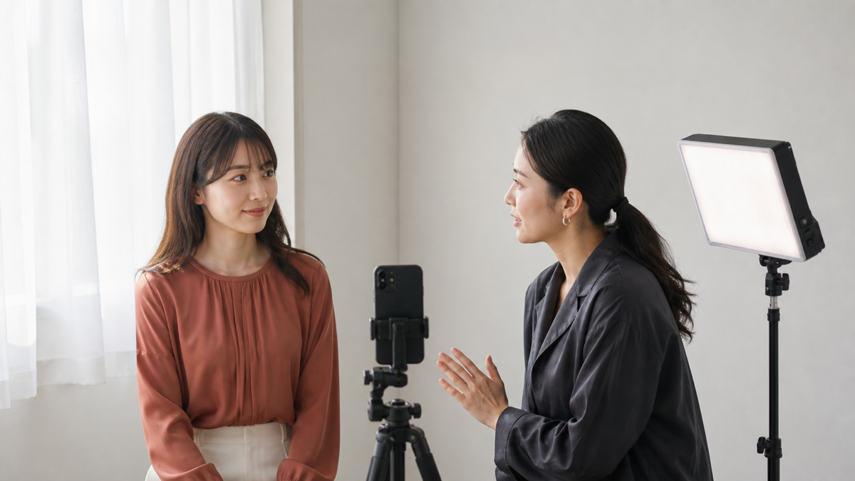写メ日記用写真の撮影前に窓光とLED補助光を確認する女性