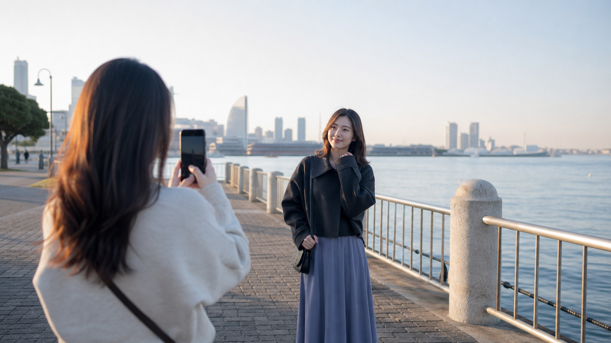 人の少ない朝の観光地で友人にマッチングアプリ写真を撮ってもらう女性