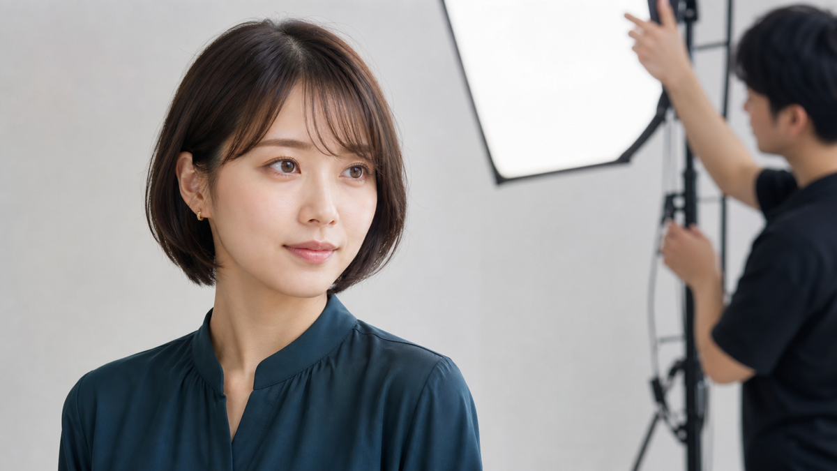 撮影ライトでカラコンの発色と目元の反射を確認する女性