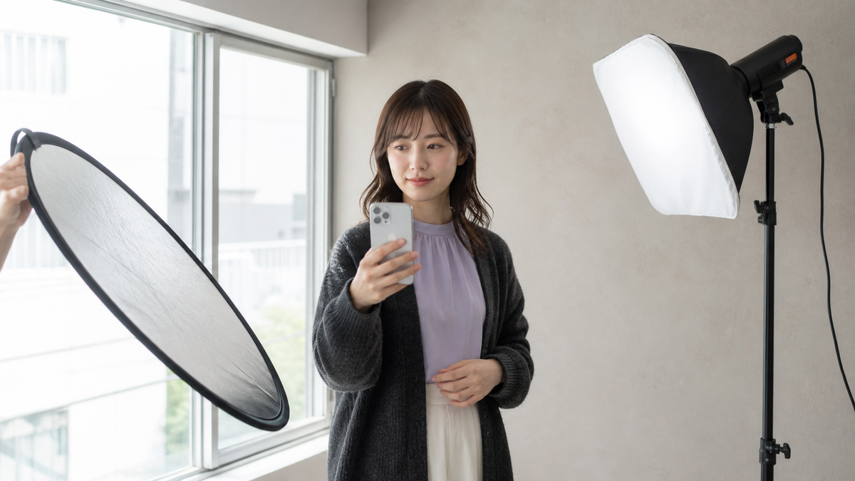 逆光を避けて写メ日記用写真の光を整える女性