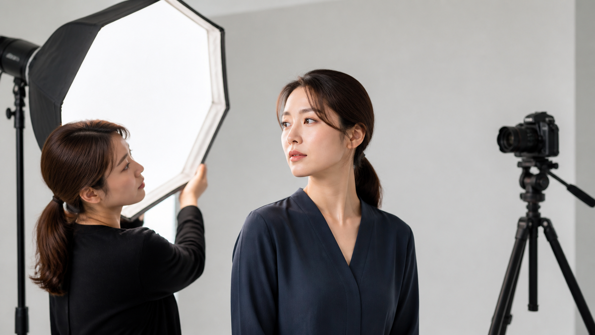 パネル写真の撮影照明で顔の輪郭と影を確認する女性とスタジオスタッフ