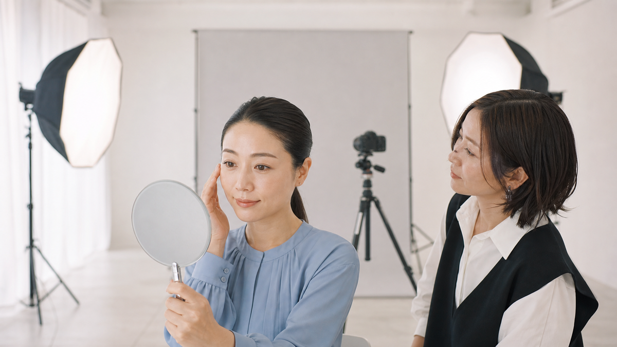 スタジオ照明の下でマスカラのにじみと影を確認する女性